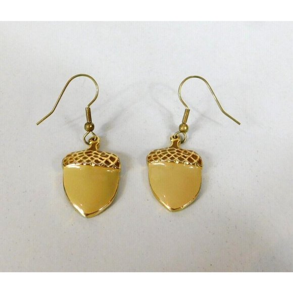 Flat Acorn Fishhook Earrings Gold Tone Beige/Tan See Item Description - Picture 5 of 6